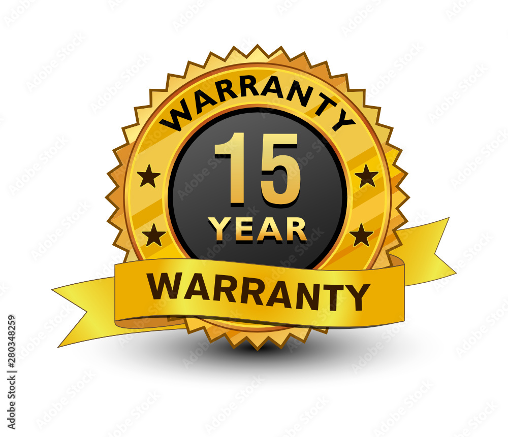 Strong and powerful golden 15 year warranty badge, sign, seal, stamp, label set ribbon isolated on white background. Strong and powerful golden 15 year warranty badge, sign, seal, stamp, label set ribbon isolated on white background.