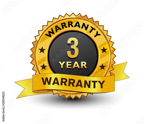 Strong and powerful golden 3 year warranty badge, sign, seal, stamp, label set ribbon isolated on white background.