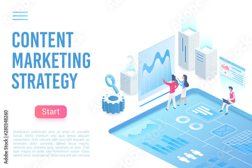 Content marketing strategy landing page isometric vector template. Strategic business approach 3d concept. Social media, digital marketing. Creating, distributing content website homepage layout