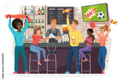 People drinking beer in bar flat vector illustration. Friends watching football match, bartender standing at sport bar stand cartoon characters. Football fans having fun in pub after workday