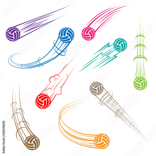 Different colors volleyball with movement tracks isolated on white background