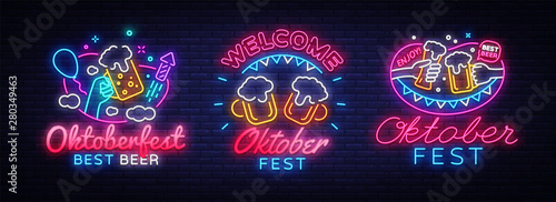 Big collectin neon signs for Oktoberfest. Beer Bavarian Festival Neon Banner Vector. Oktoberfest design template for greeting cards and posters, modern trend design, night light signboard. Vector