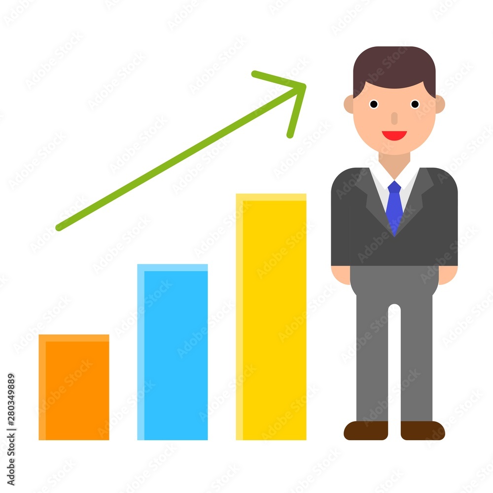 Growth bar chart with happy businessman vector illustration, flat style icon Growth bar chart with happy businessman vector illustration, flat style icon