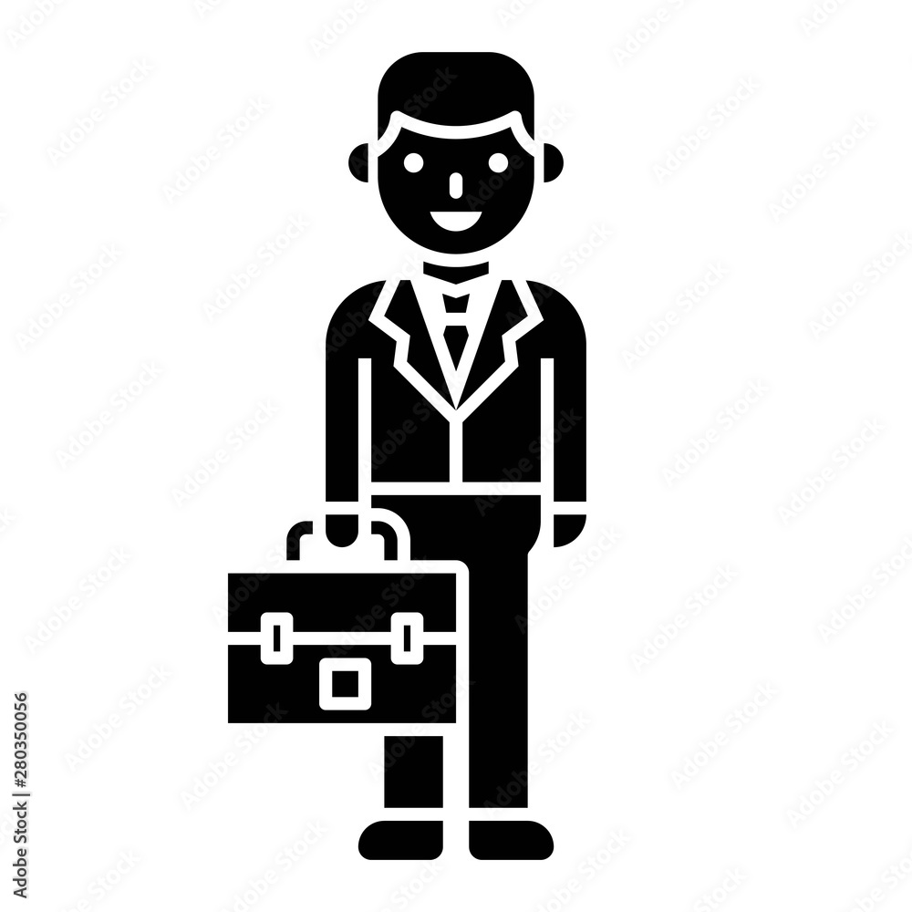Businessman with bag vector illustration, solid style icon