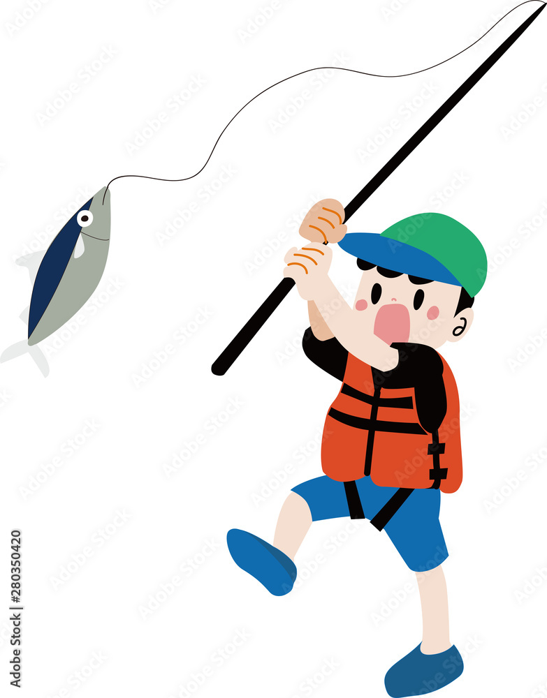 魚を釣るライフジャケットを着た男の子のイラスト Stock Illustration | Adobe Stock