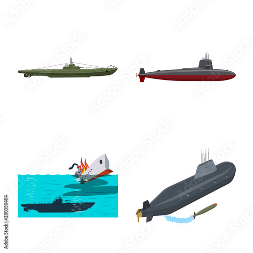 Vector illustration of boat and navy symbol. Collection of boat and deep vector icon for stock.