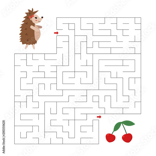 Maze game for kids. Help the hedgehog find right way to the cherry. Cute cartoon vector character. Woodland animals.