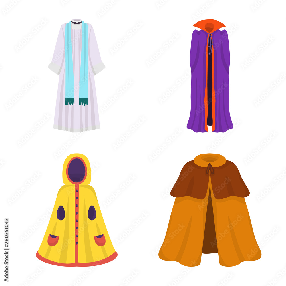 Isolated object of cloak and clothes symbol. Set of cloak and garment vector icon for stock. Isolated object of cloak and clothes symbol. Set of cloak and garment vector icon for stock.