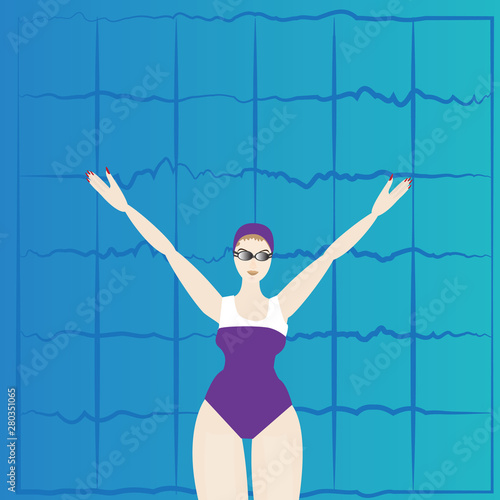 Woman jump into the pool, summer sport. Vacation traning.