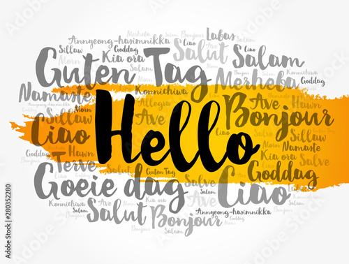 Hello word cloud in different languages of the world, concept background