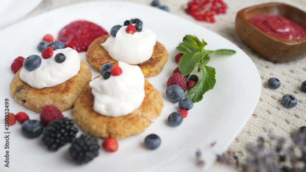 Pancakes For Breakfast With Fresh Berries. Closeup. Pancakes For Breakfast With Fresh Berries. Closeup.