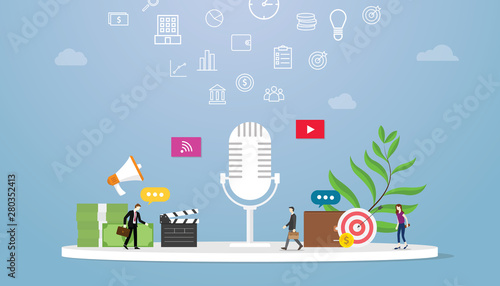 podcast business concept with icon illustration and team people and money for finance with some goals with modern flat style - vector