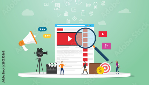 online video search concept technology with magnifying glass and business team searching on browser with modern flat style - vector