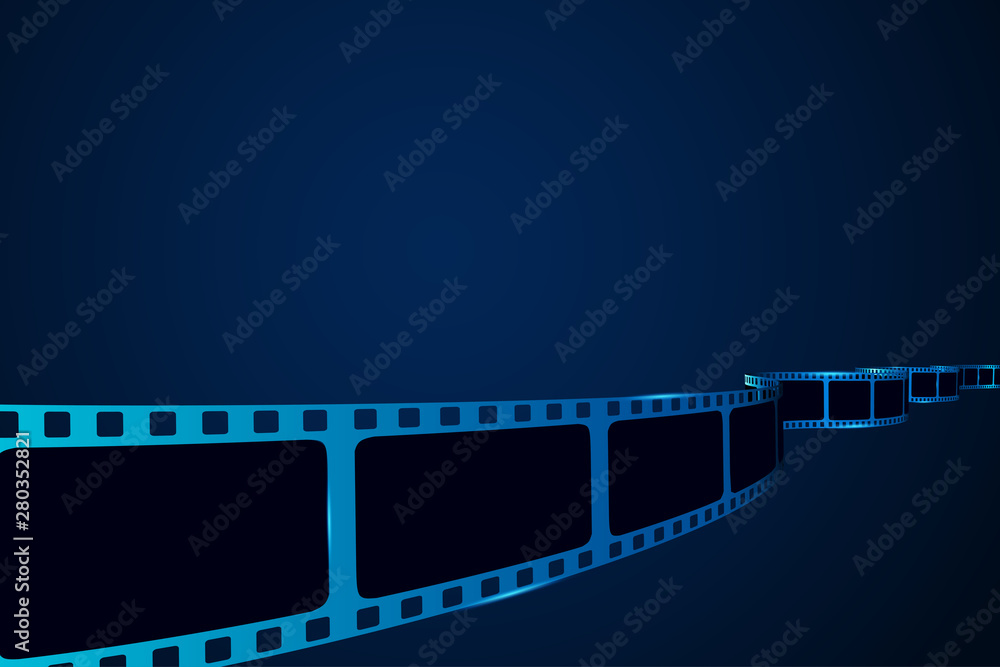 3d film strip in perspective. Vector illustration of film reel stripe isolated on blue background. Art design reel cinema filmstrip template. Movie time and entertainment concept.