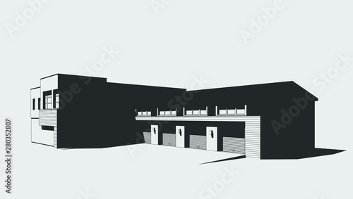 3d automobile repair shop. Architectural blueprint.