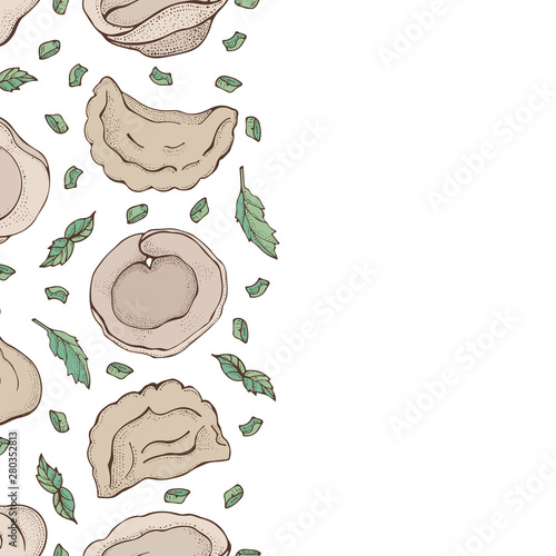 Seamless border of dumplings with spice. Ravioli. Vareniki. Pelmeni. Food. Cooking. National dishes. Products from the dough and meat. Cartoon hand drawn background. Pattern For restaurant menu