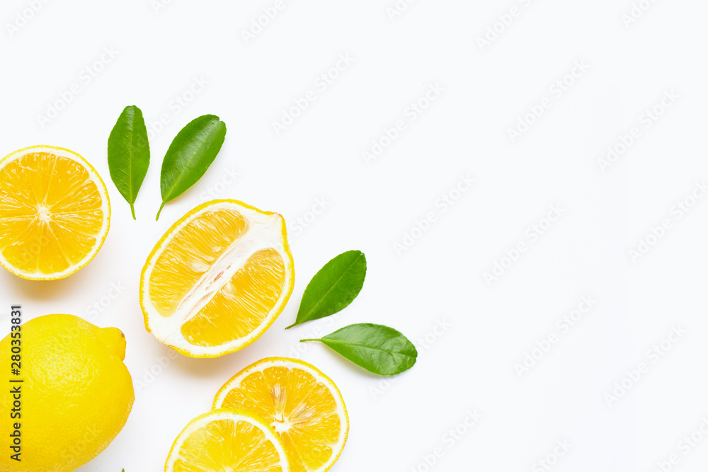 lemon and slices with leaves isolated on white. lemon and slices with leaves isolated on white.