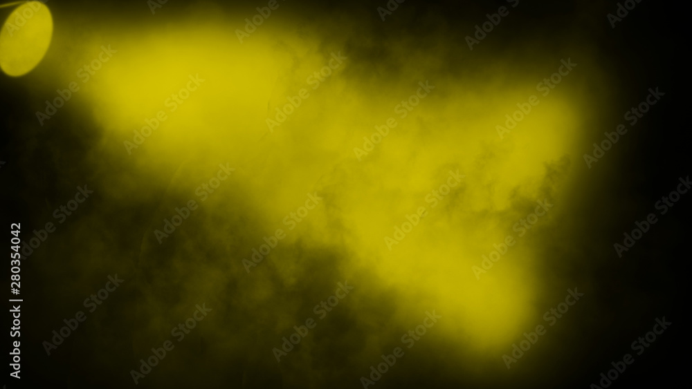 Yellow studio spotlight . Stage with smoke on the floor background. Design element.