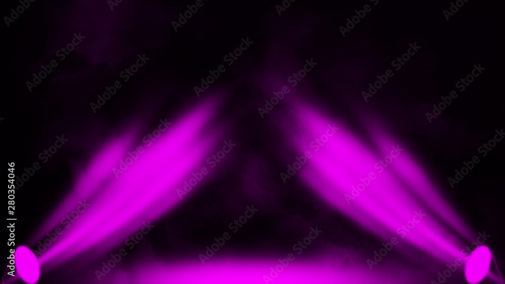 Purple projector. Spotlight stage with smoke on black background.Design element.
