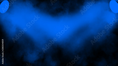 Blue projector. Spotlight stage with smoke on black background. Design element.