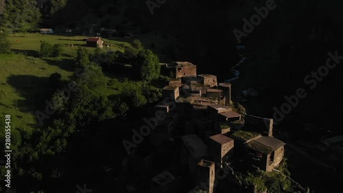 Shatili. Village in Upper Khevsureti, Georgia, at sunrise Aerial Video photo