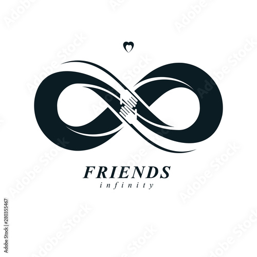 Infinite friendship, friends forever, special vector logo combined with two symbols of eternity loop and human hands.