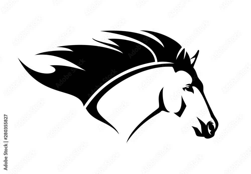 wild mustang horse with flying mane - running stallion head simple black and white vector design wild mustang horse with flying mane - running stallion head simple black and white vector design