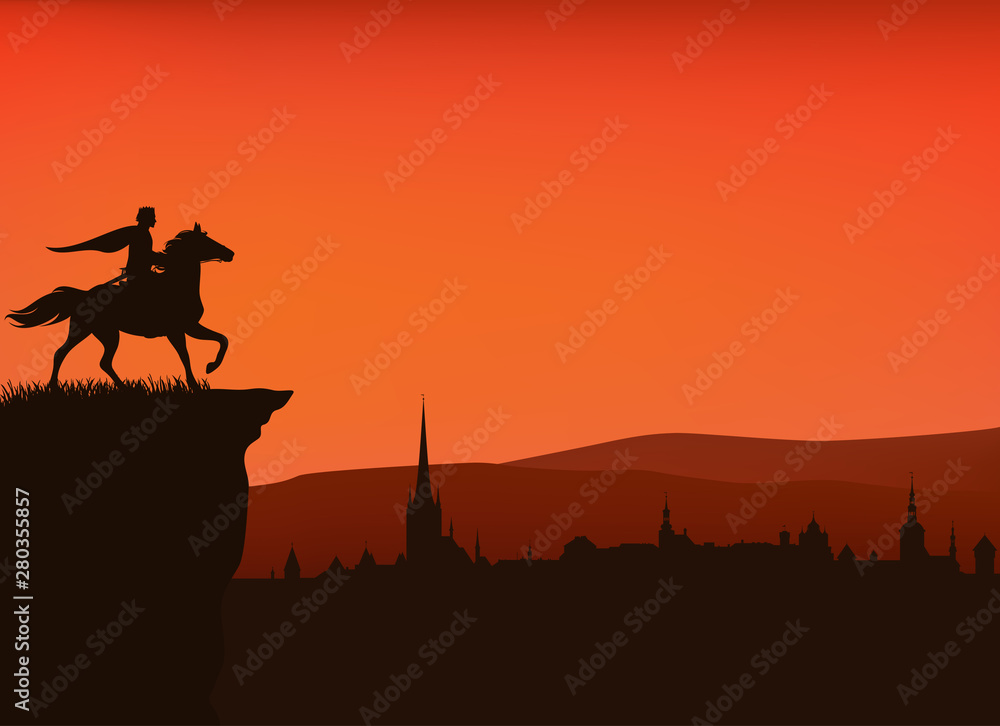 Naklejka premium fairy tale prince riding horse on a cliff above medieval city - vector silhouette sunset scene