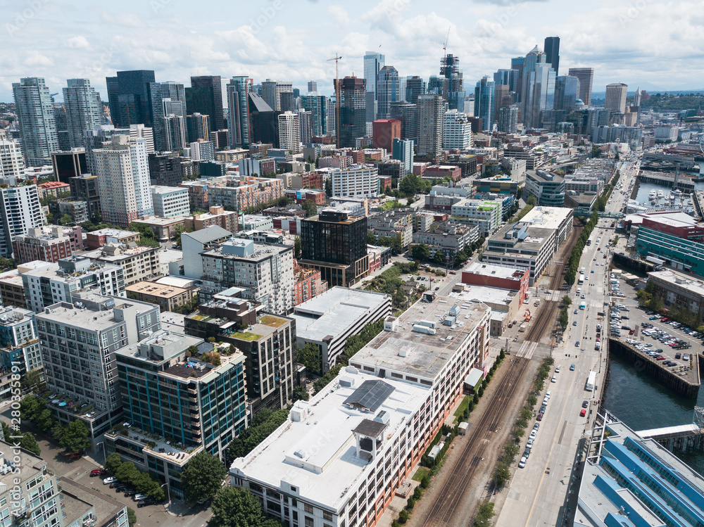 Downtown Seattle skyscrapers aerial cityscape scene