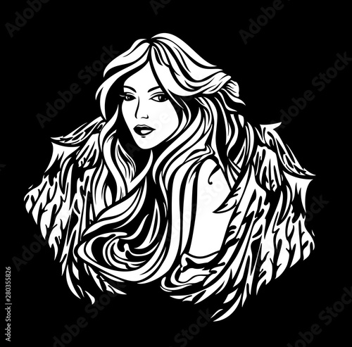 beautiful winged woman with long hair - angel girl black and white vector portrait