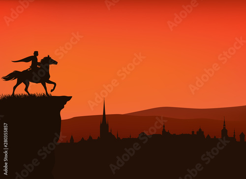 fairy tale prince riding horse on a cliff above medieval city - vector silhouette sunset scene