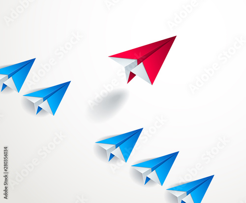 Be special, be first pioneer, be leader, leadership and success concept, line of origami paper toy planes one of them is standing out of line and taking off, 3d realistic vector illustration. © Sylverarts