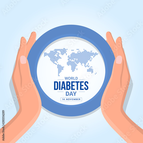 world diabetes day banner with hand hold care abstract dot map earth world and text in blue circle ring sign