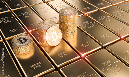 gold bitcoin coins on classic ingots, concept of cryptocurrency and economy. photo