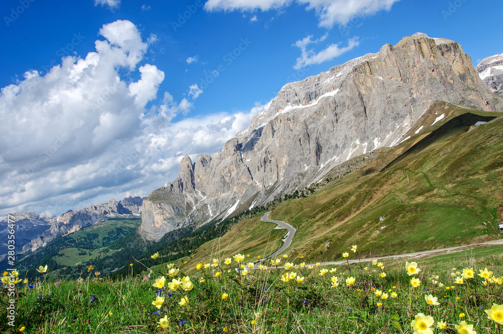 Picturesque Dolomites landscape with the mountain road. Italy