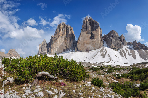 World famous peaks of Cime di Lavaredo National park, UNESCO world heritage site in Dolomites, Italy