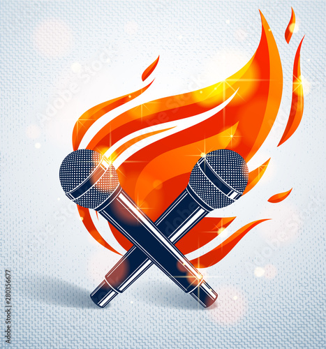 Two microphones crossed on fire, hot mic in flames, rap battle rhymes music, karaoke singing, vector logo or illustration, concert festival or night club label, t-shirt print.
