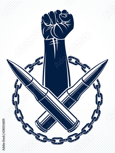 Revolution and Riot aggressive emblem or logo with strong clenched fist, vector tattoo, anarchy and chaos, rebel partisan and revolutionary.