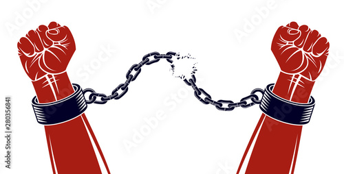 Strong hand clenched fist fighting for freedom against chain slavery theme illustration, vector logo or tattoo, getting free, struggle for liberty.