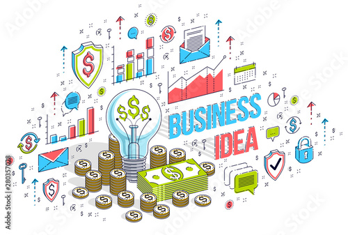Business creative Idea concept, Light Bulb with cash money stack and coins piles. 3d vector business isometric illustration with icons, stats charts and design elements.