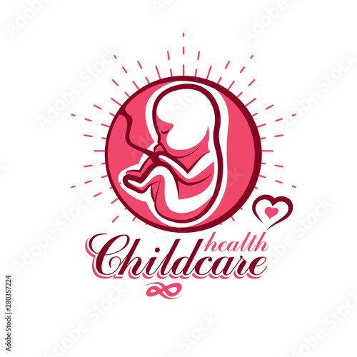 Human fetus hand-drawn vector emblem isolated on white. New life conceptual symbol. Medical center for pregnancy assistance conceptual symbol
