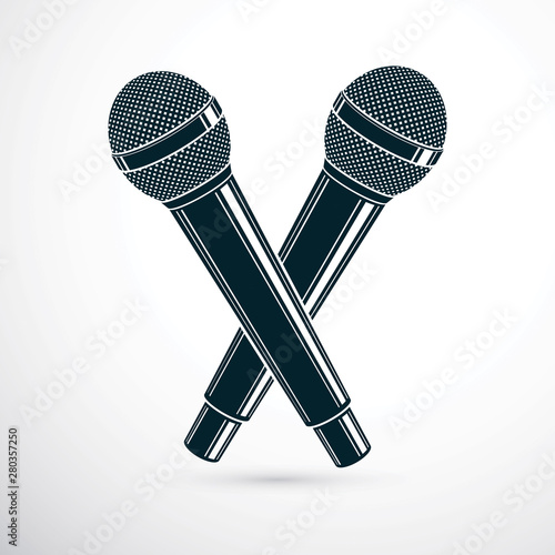 Two microphones crossed, vector illustration. Social media influence, broadcasting concept.