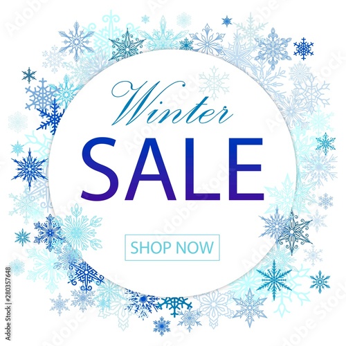 Winter sale vector illustration poster design with blue snowflakes elements and winter sale text in snow pattern background for shopping promotion.