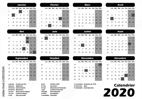 calendrier français 2020 noir