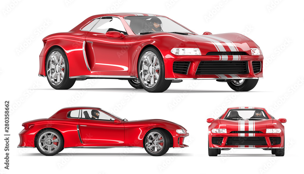 Sport car, red color with white strips. 3d illustration set isolated on white