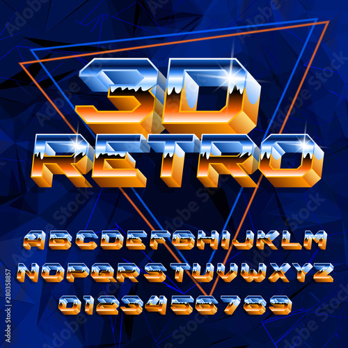3D Retro alphabet font. Uppercase letters and numbers. Abstract blue background. Stock vector typeface for your design in 80s style.