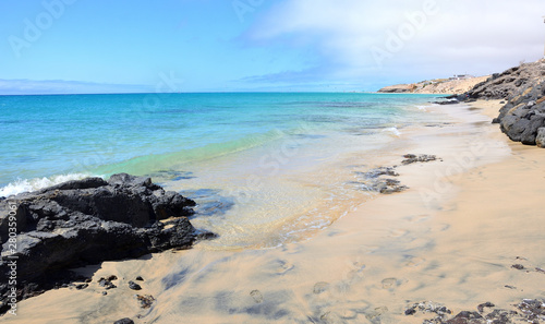 Empty Fine Sand Beach with Turquoise Water in Fuerteventura, Canary Islands