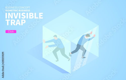 Two businessmen trapped inside a transparent airtight glass cube
