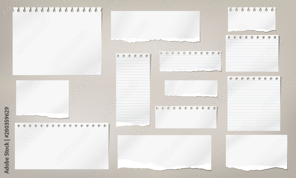 Obraz premium Set of torn white note, notebook lined and blank paper pieces stuck on light brown background. Vector illustration