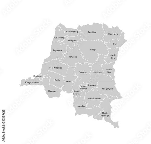 Vector isolated illustration of simplified administrative map of Democratic Republic of the Congo. Borders and names of the provinces (regions). Grey silhouettes. White outline photo